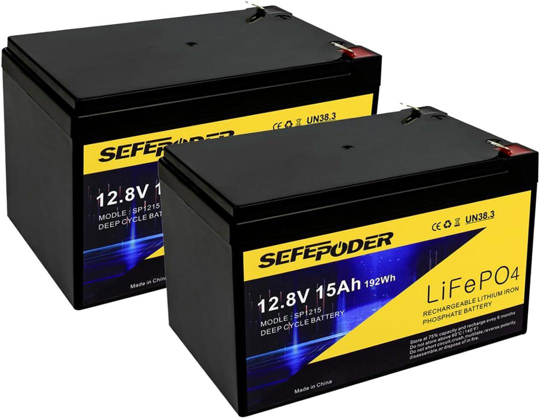 SEFEPODER 2 Pack 12V 15Ah LiFePO4 Deep Cycle Battery, 2000+ Cycles Rechargeable Battery for Scooter, Lighting, Power Wheels, Fish Finder and More with Built-in 16A BMS