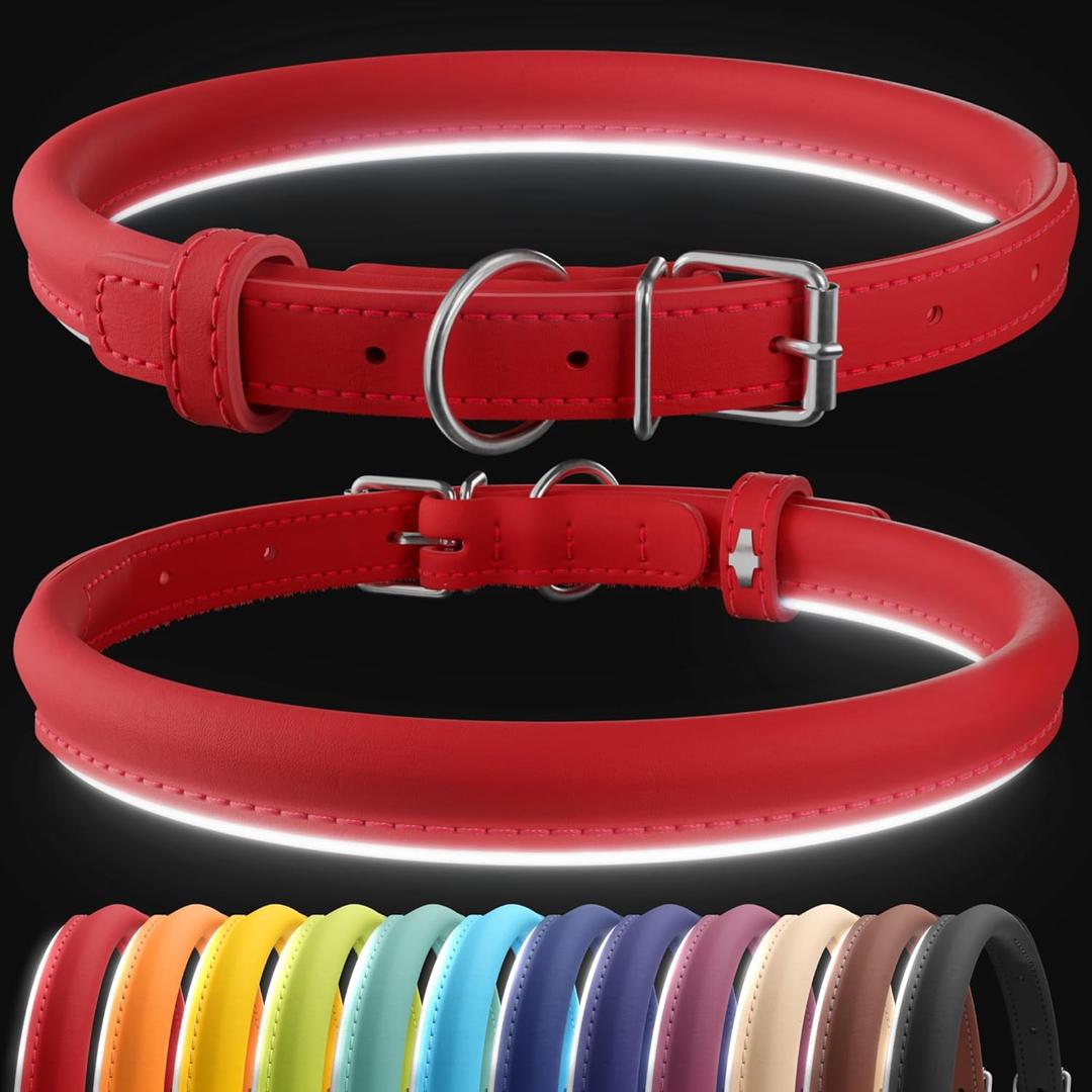 CollarDirect Reflective Rolled Leather Dog Collar, Soft Padded Round Puppy Collar, Handmade Genuine Leather Collar Dog Small Large Cat Collars 13 Colors (12-15 Inch, Red Smooth)