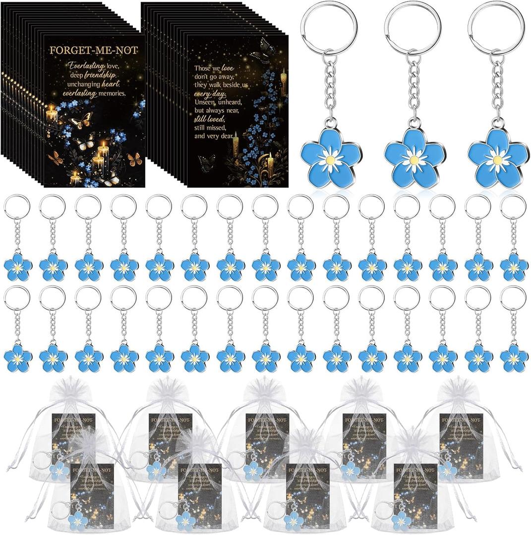 60 Sets Funeral Favors for Guests Forget Me Not Flower Keychain and Prayer Card Sympathy Gifts for Memorial Party Remembrance
