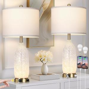 Rinweey 26" Modern Clear Glass Table Lamps Set of 2,Nightstand Lamp with USB A+C Ports & AC Outlet,Bedside Lamps with 3-Way Dimmable Touch Control Night Light for Bedroom Living Room(Bulbs Included) (White)