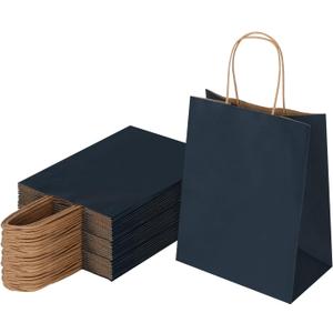 Joybe 50 Pack 8x4.75x10 Inch Medium Navy Blue Kraft Paper Bags with Handles Bulk, Craft Paper Gift Bags for Party Favors Grocery Retail Shopping Business Goody Merchandise Take Out Blank Sacks (50pcs)