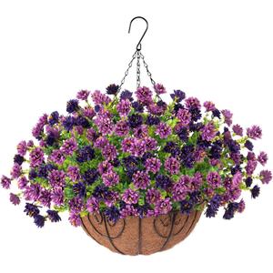 Artificial Faux Hanging Flowers Basket for Spring Outdoors Decoration, Silk Fake Mums Flowers Daisy with Baskets for Outside Porch Summer Decor(Purple Coffee)