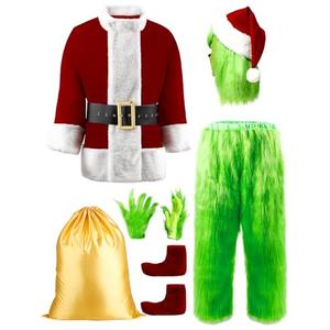 PrettyFirst Halloween Costumes Adult, Green Costume 8PCS Christmas Funny Santa Claus Costume for Men Cosplay With Mask no size