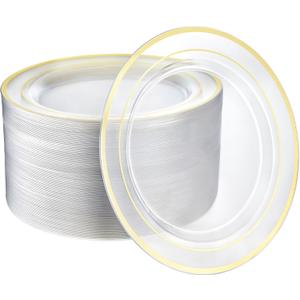 R-kay 100 Pack 7 Inch Clear And Gold Plastic Plates - Gold Rimmed Sturdy, Durable And Heavy duty Gold Plastic Dessert Plates Disposable - Appetizer Plates Disposable For All Occasions