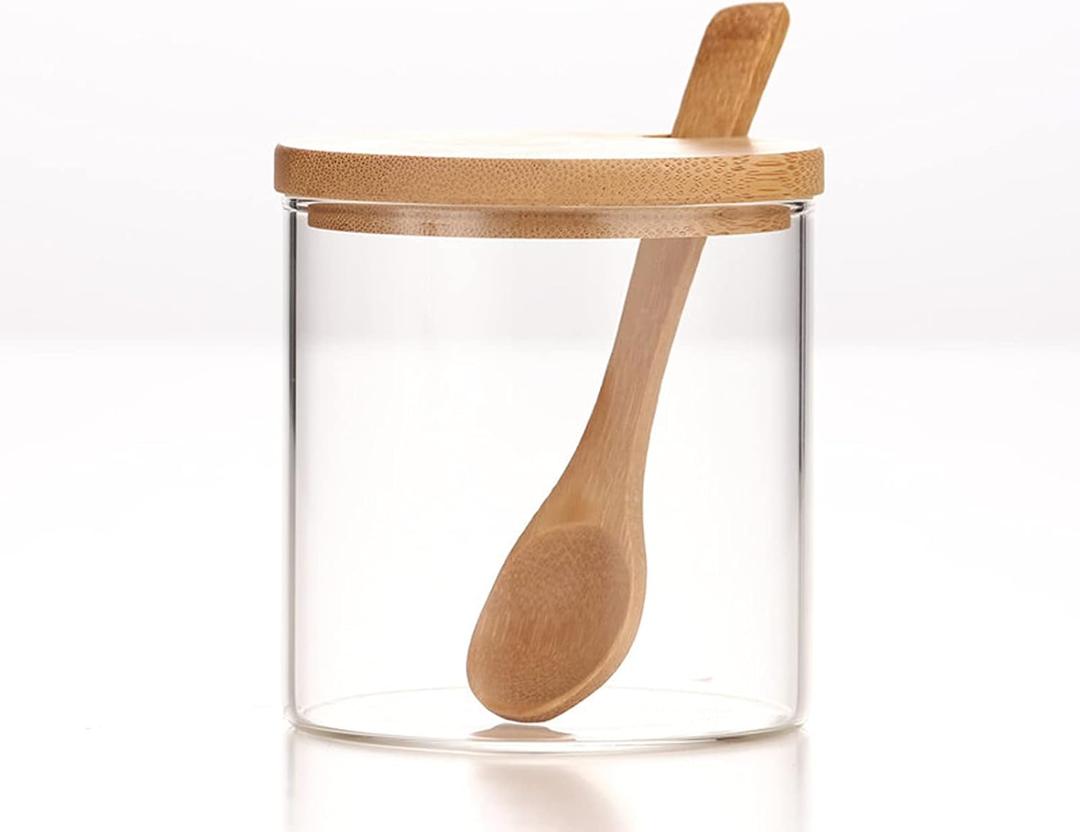 300ML/10Oz Clear Glass Jar with Bamboo Lid and Wooden Spoon, Cute Sugar Bowl Bath Salt Storage Canister Seasoning Container Condiment Pot with Scoop for Spice, Pepper for Kitchen, Table, Countertop