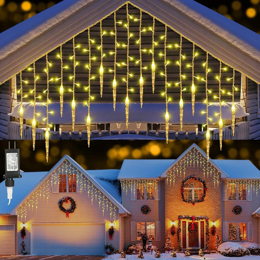 LYHOPE Christmas Icicle Lights, 432 LED 35.4ft 8 Modes Low Voltage Icicle String Lights with 72 Drops, Icicle Fairy Twinkle Lights for Xmas, Eaves, Wedding, Garden, Outdoor, Indoor Decor (Warm White)