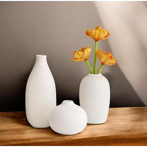 White Ceramic Vase Set of 3 - Small Modern Minimalist Ceramic Bud Vases for Home Decor - Boho Aesthetic Flower Vases for Desk, Shelf & Table, Mantle, Bookshelf (Cute & Versatile) (White)