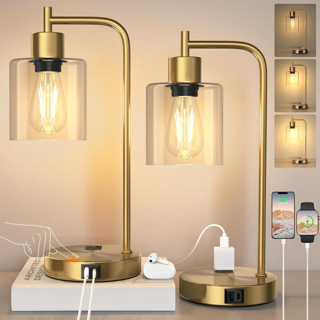 QiMH Set of 2 Industrial Touch Control Table Lamps with 2 USB Ports and 2 AC Outlets, 3-Way Dimmable Bedside Nightstand Reading Lamps with 2700K LED Bulbs, Glass Desk Lamp for Living Room,Bedroom