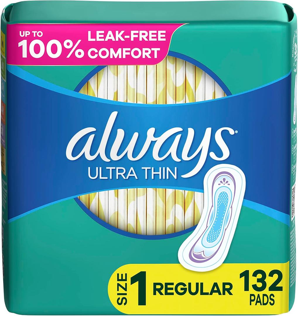 Always Ultra Thin Pads for Women, Size 1 Regular Absorbency Without Wings Unscented, 44 Count x 3 Packs (132 Count total)