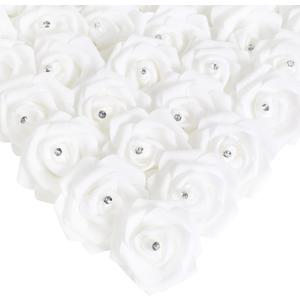 IPOPU 100PCS White Rose Artificial Flower Heads, 3in Real Looking Stemless Foam Roses Fake Flowers Bulk with Crystal for DIY Craft Wedding Bouquets Arrangements Party Home Decorations(White)