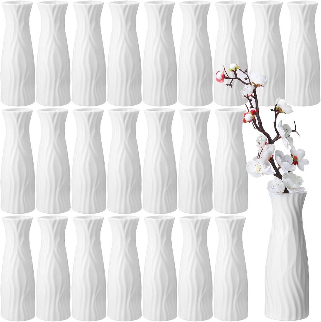 Mimorou 24 Pcs Composite Plastic Flower Vase Ceramic Look Decorative White Unbreakable Plastic Vases for Flower Centerpieces for Living Room Table Home Decor(Classic Style)