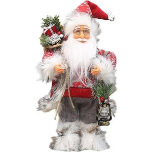 Christmas Santa Figurine Decoration - Faux Fur Standing Ornament for Xmas and Holiday Tabletop Decor - Plush Traditional Santa Claus (Type #004)