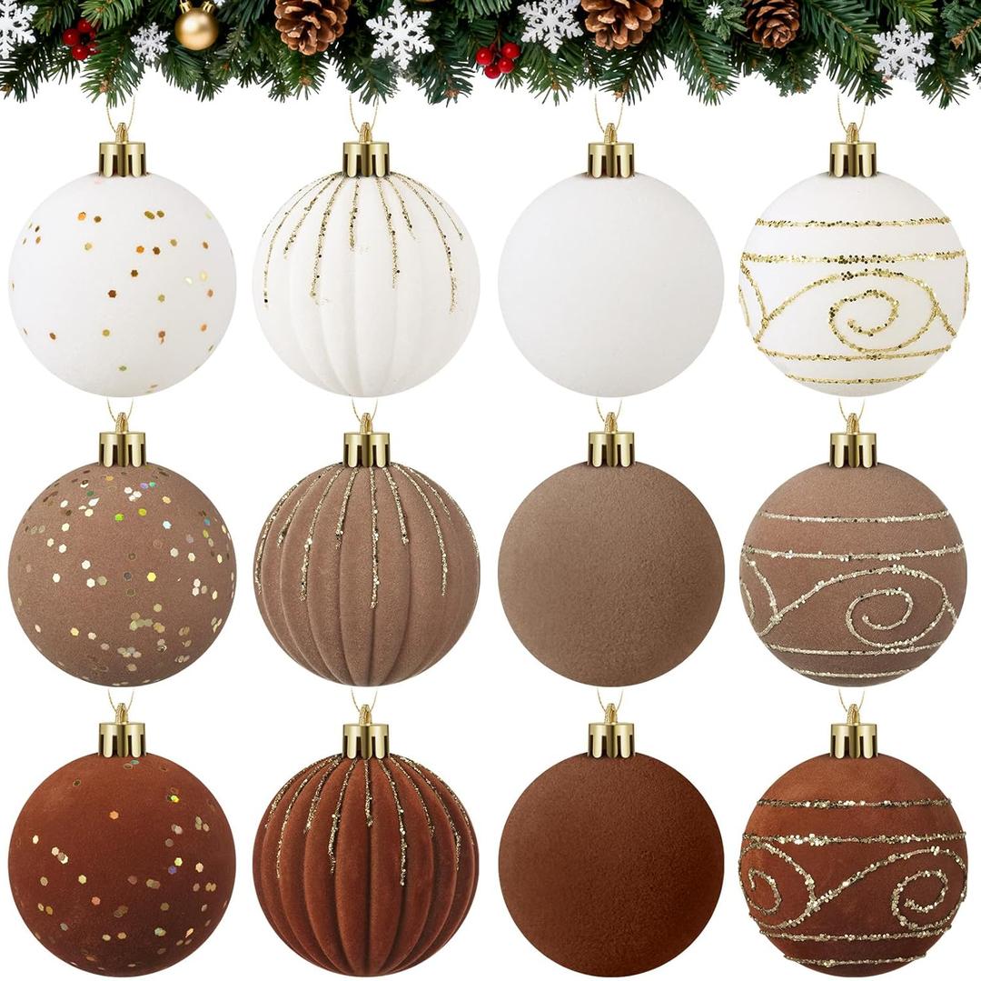 Suzile 12 Pcs Large Velvet Christmas Ball Ornaments, 4 Inch Brown & White Flocked Christmas Tree Ornament Shatterproof Hanging Xmas Ball Bulbs for 2025 Xmas Tree Home Decorations