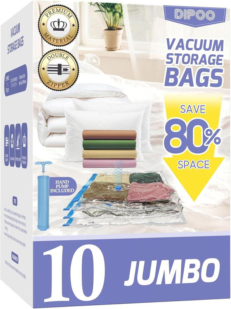 10 Pack Jumbo Vacuum Storage Bags with Hand Pump, 80% Storage Space Saving, Sturdy Leak-Free Space Saver Vacuum Seal Bags for Clothing, Vacuum Compression Bags for Travel Lugggage Blankets Comforters