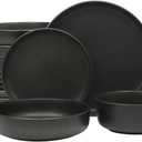 Gibson Elite Pasco 16 Piece (Service for 4) Plates and Bowls Double Bowl Reactive Glaze Dishes Stoneware Ceramic Dinnerware Set - Black