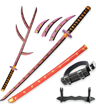 Demon Slayer Sword 41inch,with Display Stand and Belt, Rengoku Sword/Tanjiro Sword/Zenitsu Sword/Anime Original Texture,for Demon Slayer Cosplay and Collection,Various Styles (Silver)