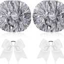 4 Pcs Cheerleading Pom Poms with Baton Handle and Cheerleader Hair Bows, 14 Inch Metallic Cheer Supplies for School Team Spirit Sports Dance Cheering (Silver, White)