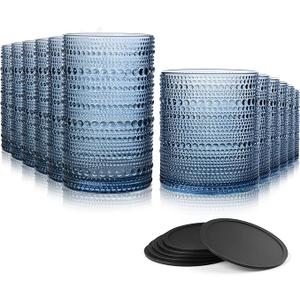 DmmyAlzx Hobnail Drinking Glasses Set of 12 Count, Vintage Glassware, Old Fashioned Glasses, 6 Highball Bubble Drinking Cups 15 oz, 6 Rocks Cups 14.5 oz with 12 Silicone Coasters, Blue