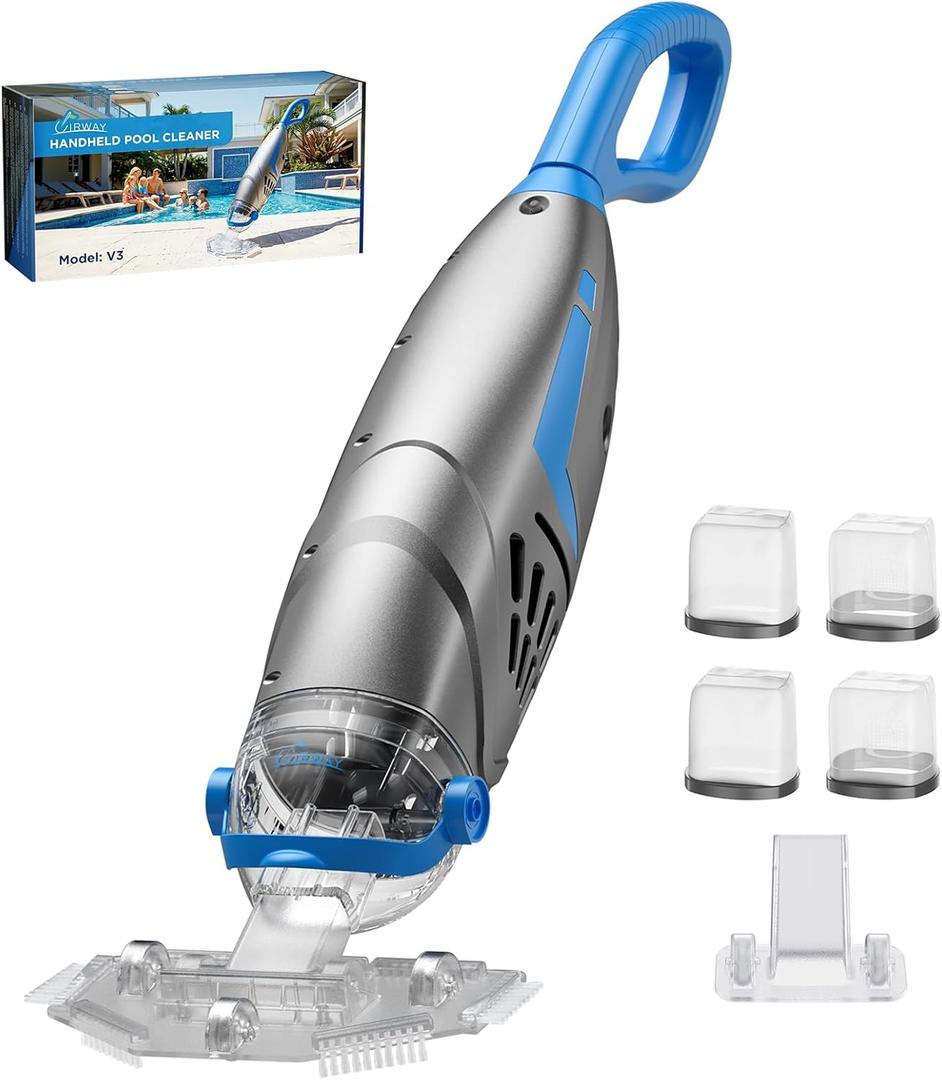 UIRWAY V3 Pool Vacuum for Above Ground Pools, Upgraded 26.5 GPM High-Powerful Pebbles Suction, 2026 News IPX8 Cordless Handheld Cleaner 2 Vacuum Heads & 4 Filter Bags, 1H Runtime for Inground Pools