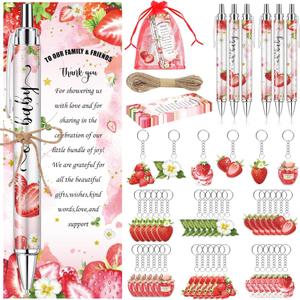 145 Pieces Baby Shower Gifts for Guest Strawberry Ballpoint Pens and Keychains Favors for Girls Bulk Retractable Baby Shower Pens Gender Reveal Thank You Cards Souvenirs Prizes