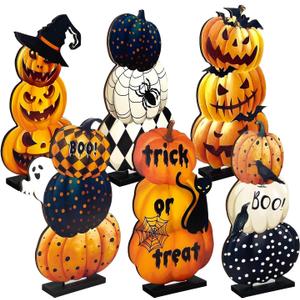6 Pcs Halloween Wooden Pumpkin Table Centerpieces, Rustic Fall Decor Signs for Home, Party, Kitchen, or Office Display