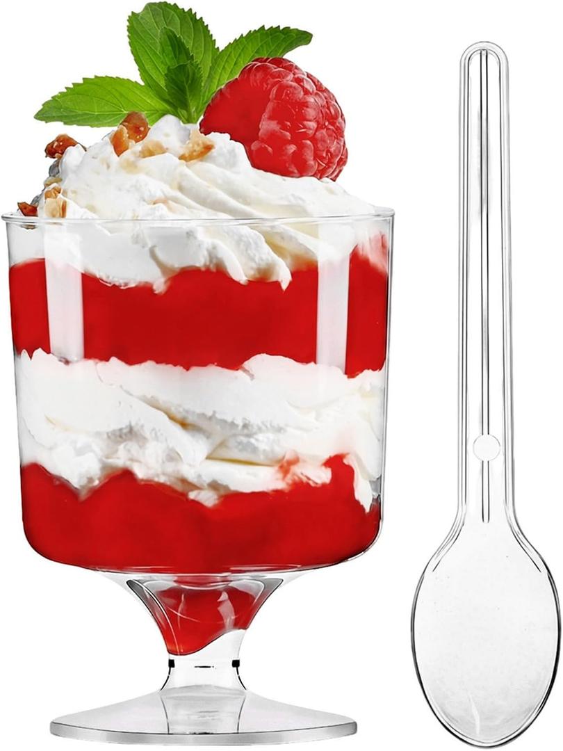 TOFLEN 5 Oz Mini Dessert Cups with Spoons 80 Pcs | Serves 40 | Round Plastic Dessert Goblets Cups for Party Appetizers, Mousse, Pudding, Dessert Shooters Shot Glasses