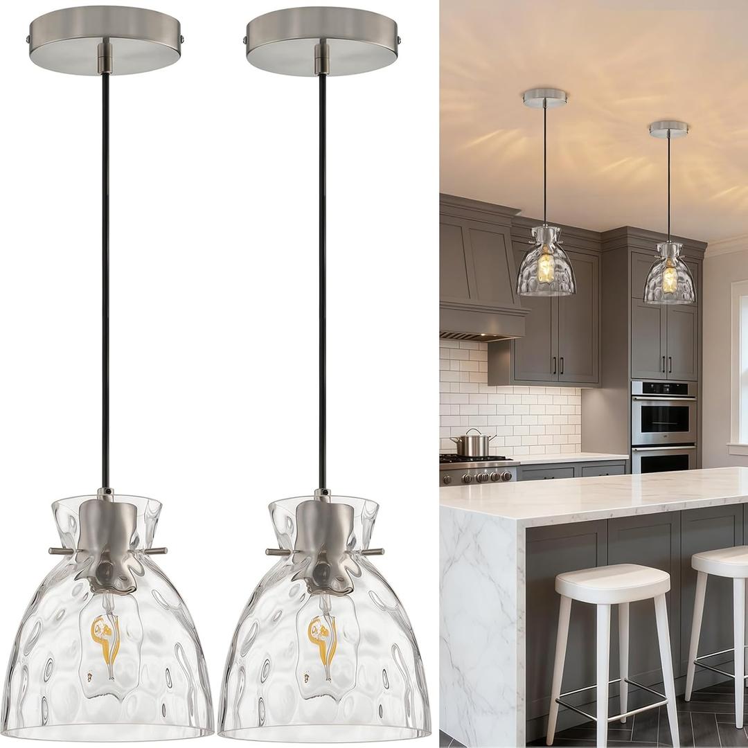 Brushed Nickel Pendant Lights Kitchen Island 2 Pack, 5.9 Mini Hammered Glass Pendant Light Fixtures, Adjustable Modern Hanging Lights Kitchen Pendant Lighting over Island Sink Bathroom Dining Room