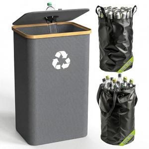 Recycling Bin for Kitchen Indoor Home, Large 100L/ 26 Gallon Recycle Bin with Lid Removeable Reusable Inner Bag Bottle Can Glass Waste Plastice Stickers (Gray, 26 Gallon)