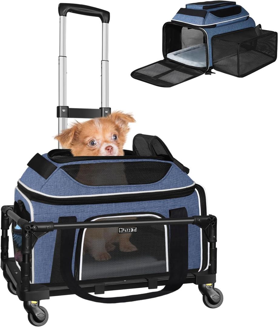 Petskd Top and Side Expandable Pet Carrier with Wheels 17x11x9.5 Inches Alaska Airline Approved, Soft-Sided Carrier for Small Cats and Dogs with Locking Safety Zippers and Anti-Scratch Mesh (Blue)