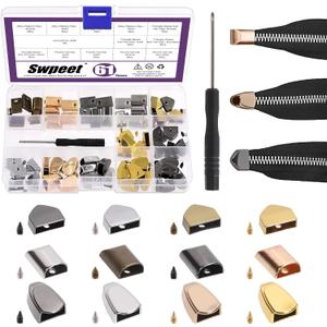 Swpeet 60 Sets 3 Styles Triangle/Thumb/Rectangle 4 Colors Metal Alloy Zipper Ends Tail Clips Buckle Stop Tail Head Zippers Stopper Repair Replacement with Screws and Screwdrive for Pants, Jackets