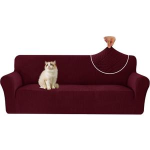 Stretch Sofa Covers for 3 Cushion Couch, Sofa Covers for Pets Washable Sofa Protector, 3 Seat Couch Slipcover with Non-Slip Elastic Bottom for Dogs (Sofa 73"-85", Burgundy)