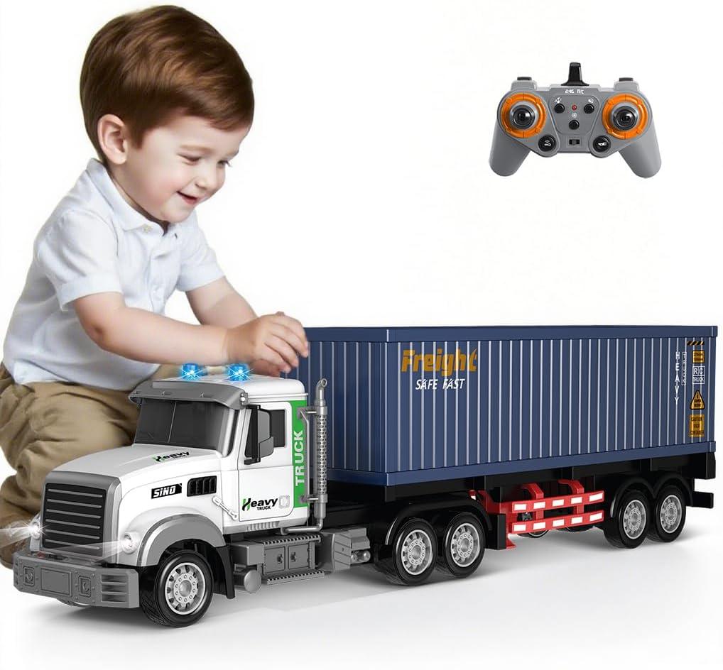 23.6-Inch 9-Channel Remote Control Semi Truck with Trailer  1:24 Scale RC Container Carrier Truck Toy for Kids 3-8, Dual Batteries, Light & Sound Effects, Ultimate Gift for Boys & Girls