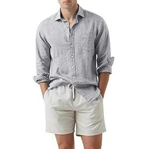 JMIERR Mens Cotton Linen Collar Casual Stylish Button Up Shirt Long Sleeve Business Dress Shirts Summer Beach Shirts for Men Old Money with Pocket Resort Wear, US 52(3XL), Grey