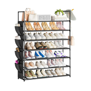 OYREL 5 Tier Shoe Organizer, 33.3in Wide x 11.2in Deep x 35.6in Tall, Black Metal and Plastic Shoe Rack with Side Bag, Holds 20-25 Pairs of Shoes