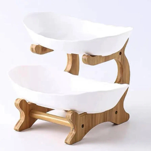 Fruit Bowl for Kitchen Counter - 2 Tier Ceramic Serving Bowls with Bamboo Stand, Tiered Fruit Basket for Fruit Vegetable Storage, Snack, Nuts, Cake, Dessert, Small & Cute (White)