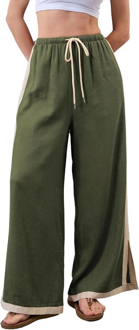 Xiaoxuemeng Linen Pants Women Wide Leg Striped Capri Pants Casual Baggy Linen Trousers with Pockets XL