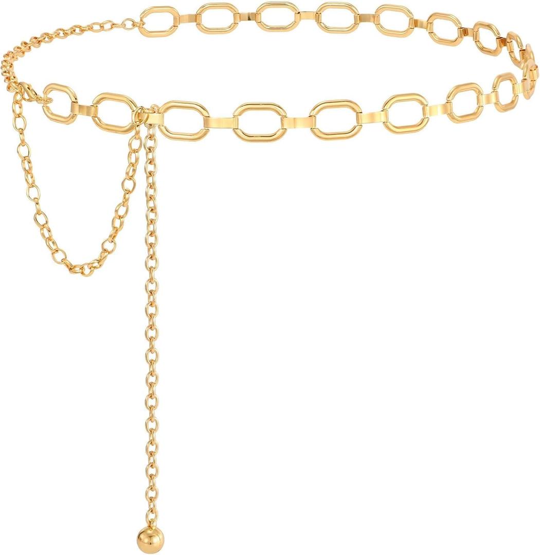 SUOSDEY Gold Silver Waist Chain Belt for Women,Fashion Metal Adjustable Chain Belts for Dresses (Fit for Waist up to 36 inches, 13-gold(oval))