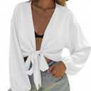 Ekouaer Women's Swimsuit Cover Ups Tie Front Long Sleeve Top Kimono for Women Bikini Shirt Summer Cardigan (XX-Large, White)