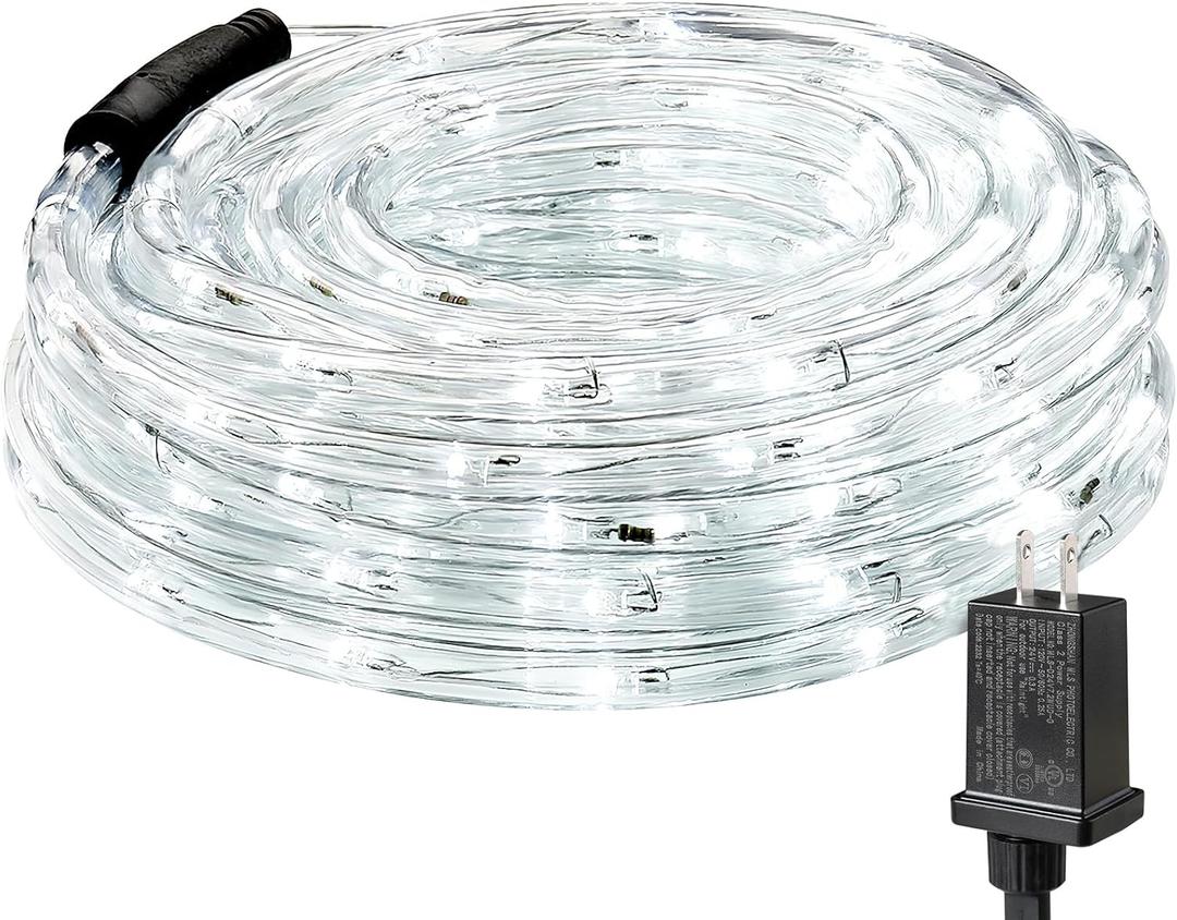 Lighting EVER 33ft 240 LED Outdoor Rope Lights Cool White 6000K, 24 V Connectable, Waterproof Clear Tube String Lights for Deck Railing, Patio Ground, Garden, Yard Lawn, Flower Bed Landscape, Camping