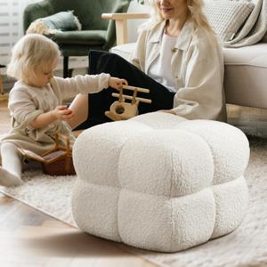 Zesthouse Square Pouf Ottoman, Modern Ottoman Coffee Table for Living Room, Fuzzy Sherpa Couch Foot Rest, Upholstered Tufted Cube Stool for Couch, White, 1 Pc