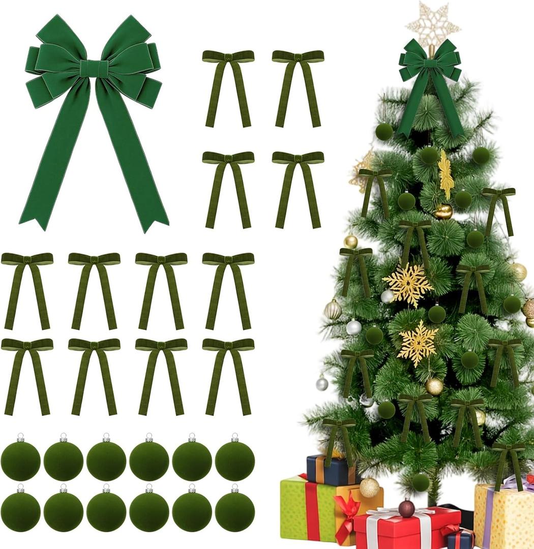 25 Pcs Olive Green Velvet Tree Topper Christmas Ornaments Include Large Christmas Bows Tree Topper 12 Xmas Velvet Balls 12 Green Bows for Xmas Holiday Door Fireplace Wall Party Decor