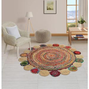 GRUHUM Round Jute Area Rug 7'ft Natural Handwoven Cotton Multi Chindi Boho Colorful Rustic Vintage Soft Braided Reversible Bohemian Rug- Indoor Outdoor Kitchen Bedroom Living Hallways 7'ft Circle