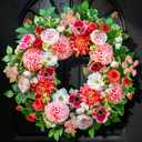 Spring Wreaths for Front Door Outside– 24 Inch Spring Door Wreath with Artificial Dahlia,Chrysanthemum,Rose and Anemone Floral Wreath with Greenery,Colorful Welcome Summer Wreaths for Front Door