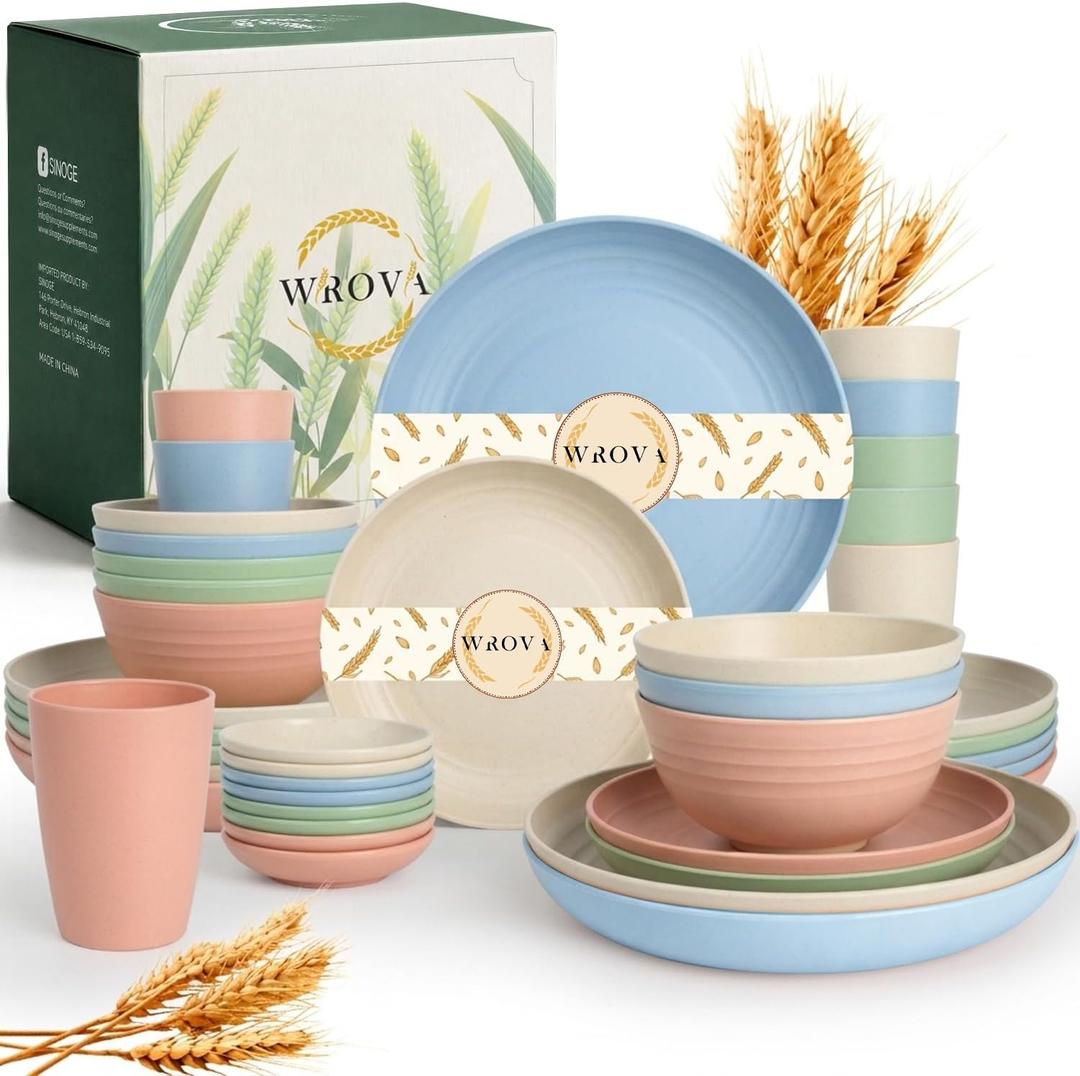 Wrova 40-Piece Wheat Straw Dinnerware Sets for 8, Unbreakable Kitchen Plates and Bowls Set with Cups Set, Soy Sauce Dish for BBQ, Microwave and Dishwasher Safe Dishware Sets for Kitchen- Nordic