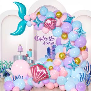 AGPTEK 109PCS Mermaid Balloon Garland Kit, Pastel Pink Purple Teal Blue Balloons with Mermaid Tail, Shell, and Star Foil Balloons, Perfect for Mermaid Birthday Party, Ocean-Themed Party Decorations