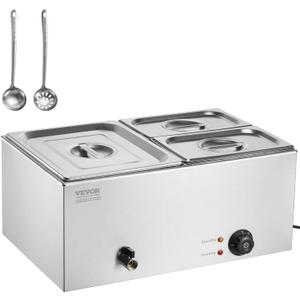 VEVOR 3-Pan Commercial Food Warmer, 24QT Electric Steam Table, 1200W Professional Countertop Stainless Steel Buffet Bain Marie with 86-185F Temp Control for Catering and Restaurants, Silver