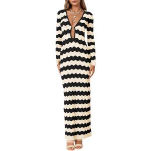 Saodimallsu Womens Crochet Summer Maxi Dress Striped Sexy Cut Out V Neck Long Sleeve Knit Cover Up Beach Dresses (S)