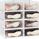 WAYTRIM Stackable Boots Storage Box, 8 Pack Foldable Boots Box Organizer and Storage Box Clear Plastic Storage Bins Shoe Container Drop Front Shoe Drawers, White