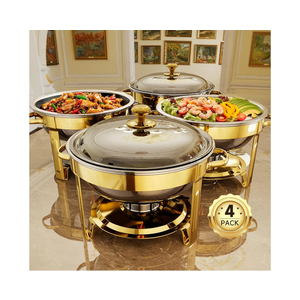 Chafing Dishes for Buffet, 4 Pack 5QT Round Stainless Steel Chafing Dish Set for Home Parties, Christmas Gatherings, Catering Events Complete Buffet Warmer Set (Golden 4)