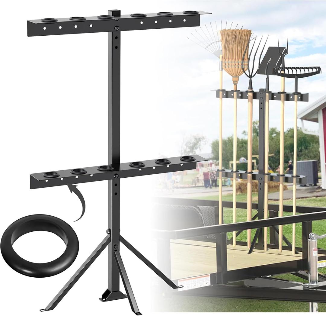 Utility Trailer Tool Rack, Shovel Rack for Truck, Rake Shovel Holder Landscape Hand Tool Accessories for Trailer Truck with 6 Rubber Holes with Brackets, Black